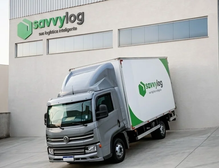 Caminhão SavvyLog em frente ao galpão da empresa